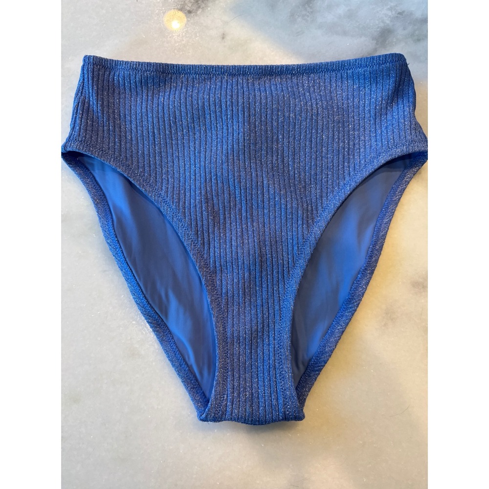 J.Crew Womens Blue Metallic Ribbed High-Waisted Bikini Bottom CQ234 Size S